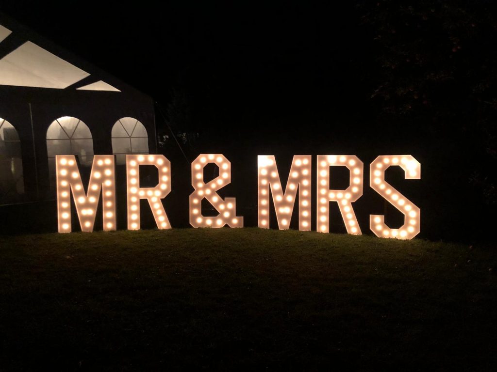 Rent St. Thomas marquee letters for weddings that spell out "Mr & Mrs."