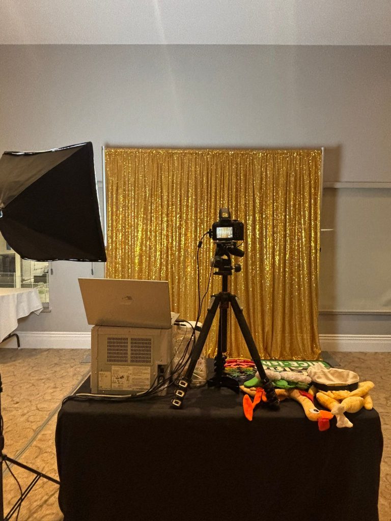 Woodstock photo booth with a gold backdrop and props